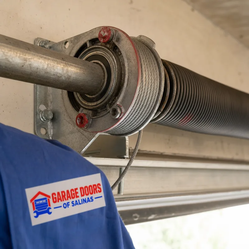Garage door torsion spring and cable drum with cable seated in the drum grooves
