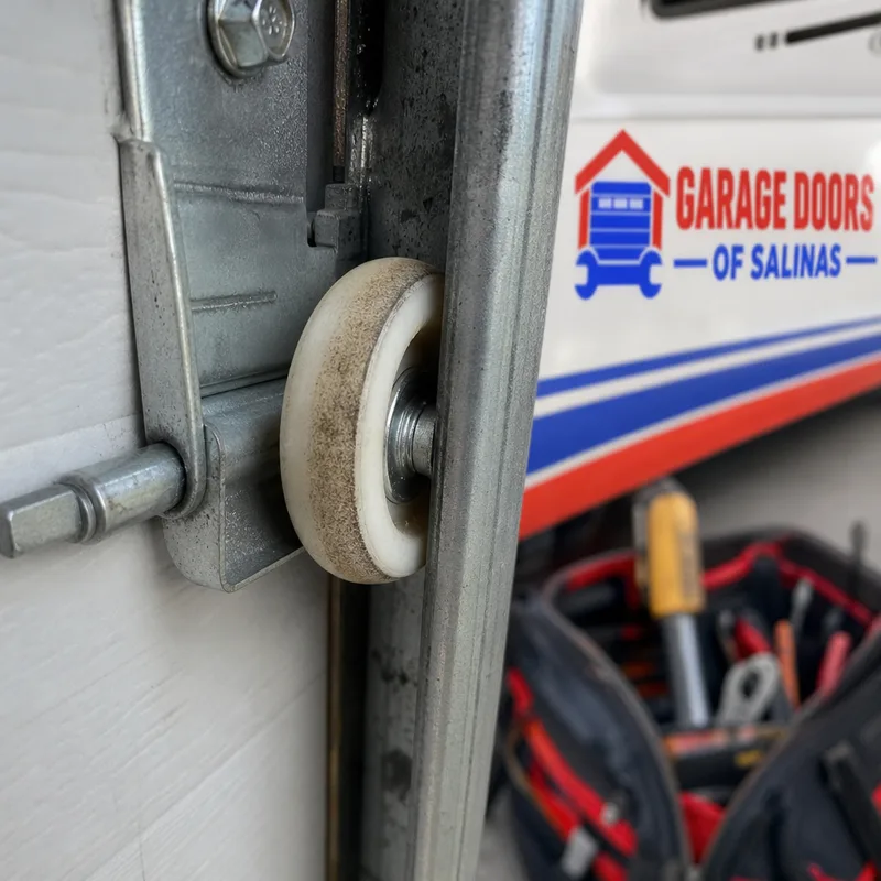 Close-up of a nylon garage door roller and hinge showing common hardware wear points