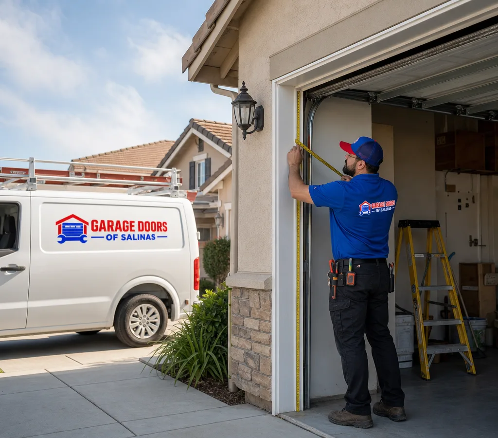 Contractor measuring a partially open residential garage door and checking the available headroom and side room
