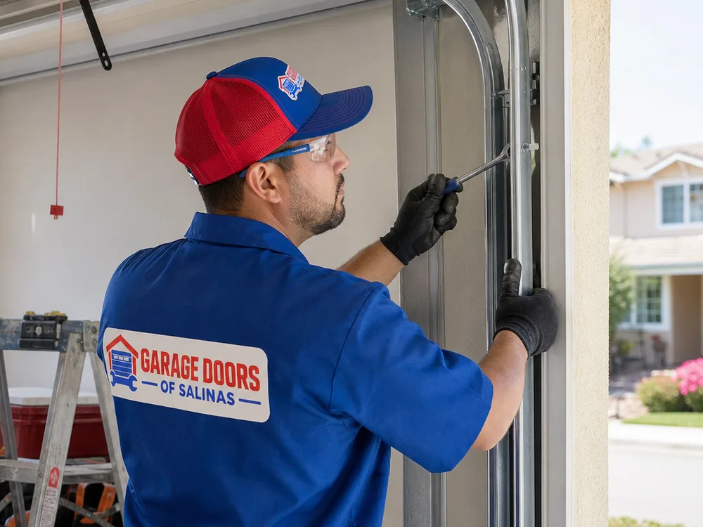 Contractor leveling garage door track and checking fasteners at the jamb brackets