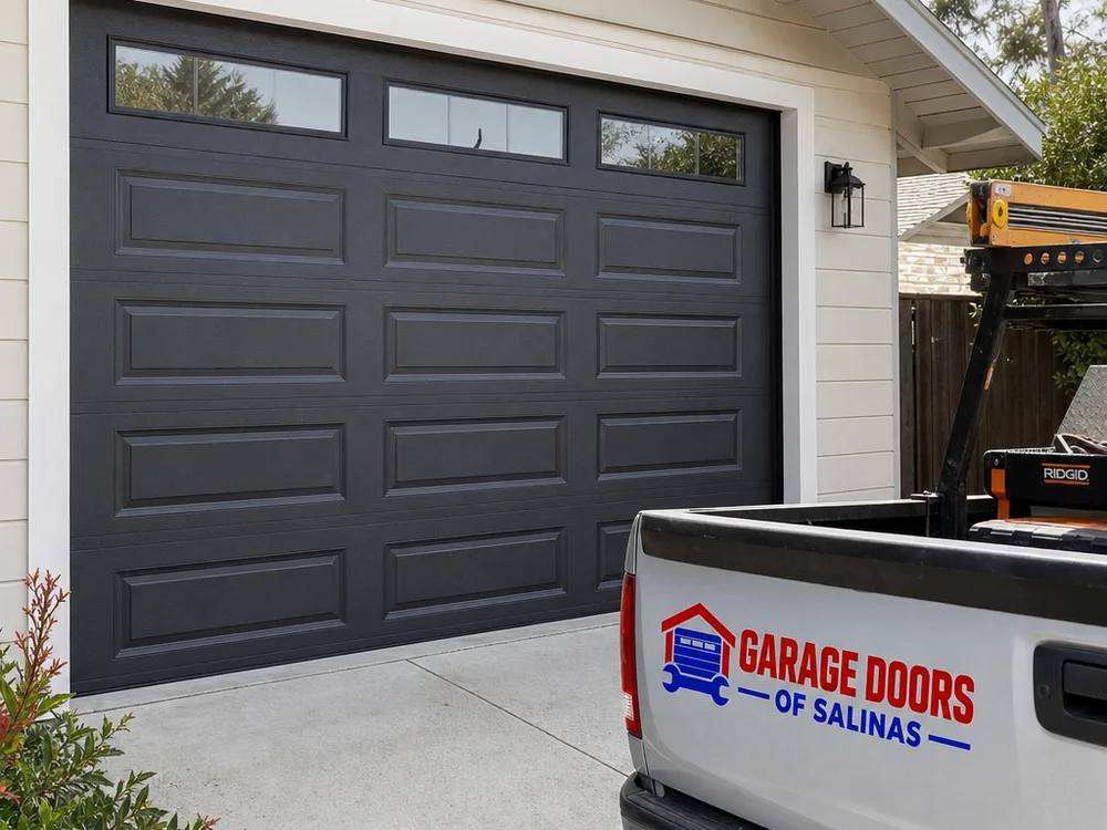 Finished modern insulated steel garage door with even jamb reveals and a straight bottom seal