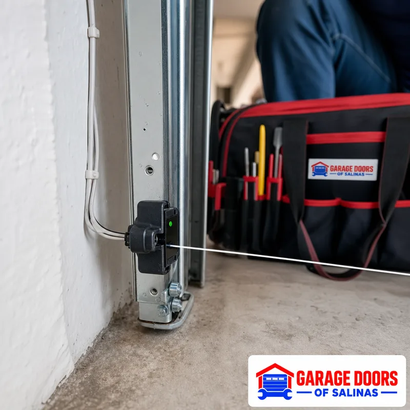 Garage door photo-eye safety sensor with its alignment line and wall wiring visible