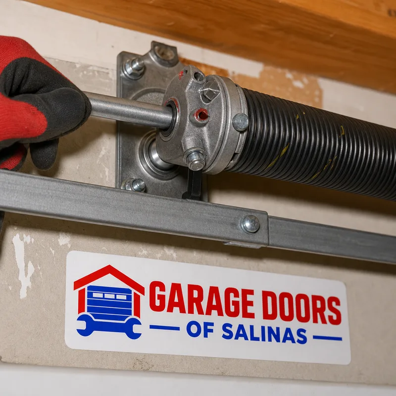 Torsion spring assembly with winding cone and center bearing plate above a garage door