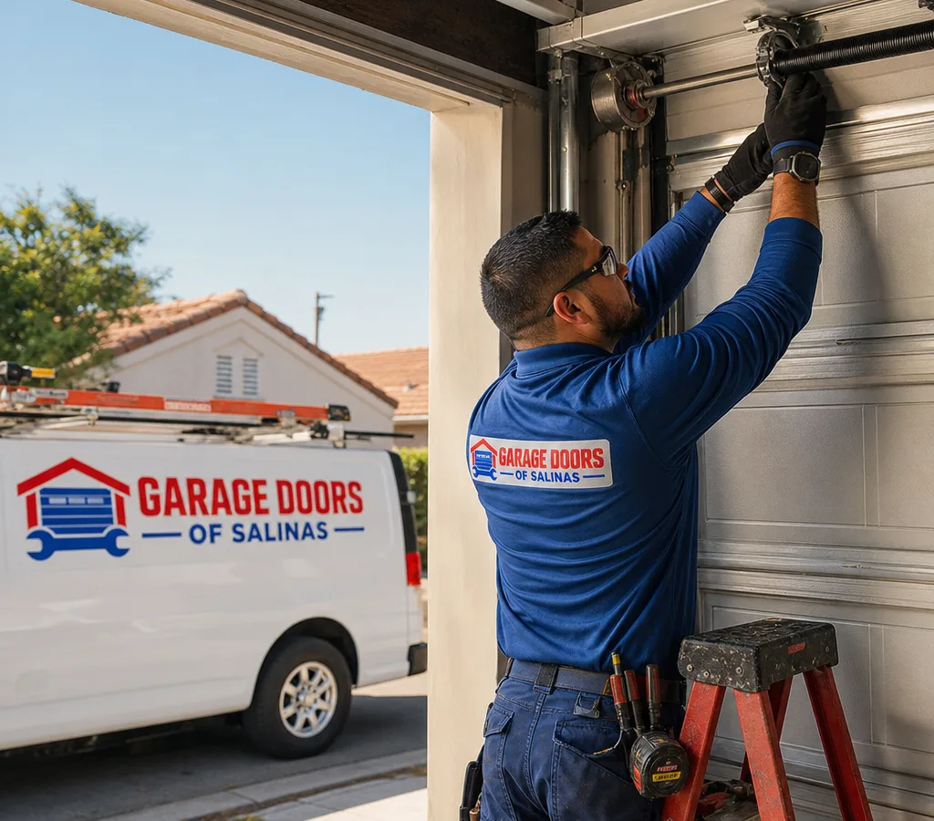 Contractor inspecting the springs and hardware of a partially open residential sectional garage door