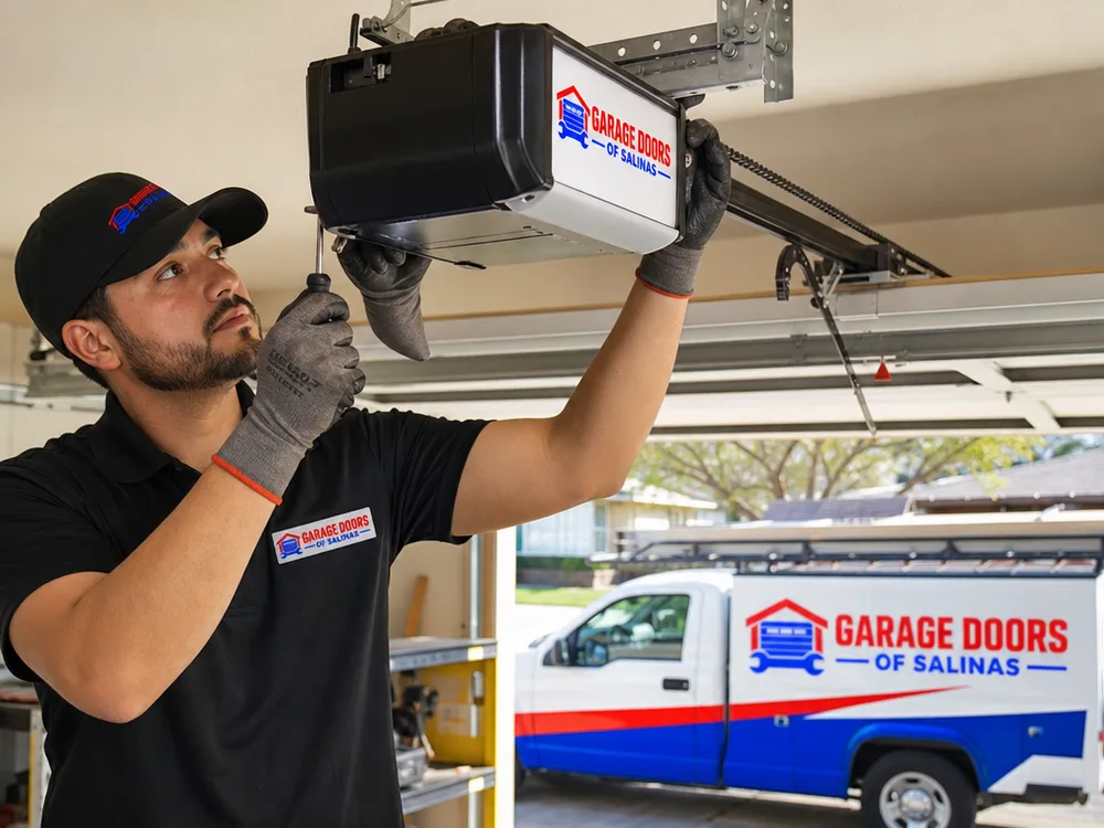 Ceiling-mounted garage door opener with drive, trolley, and door arm visible
