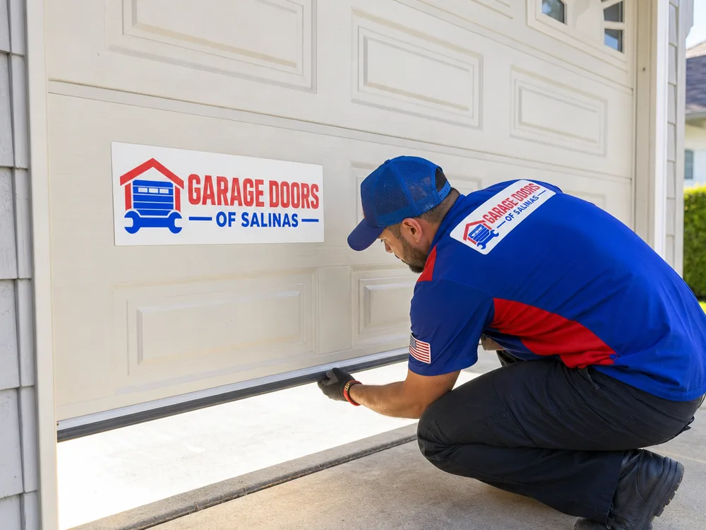 Residential garage door with daylight visible at one corner of the bottom seal