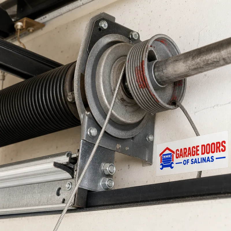 Close-up of a torsion shaft, drums, lift cables, and bearing plate on a commercial door
