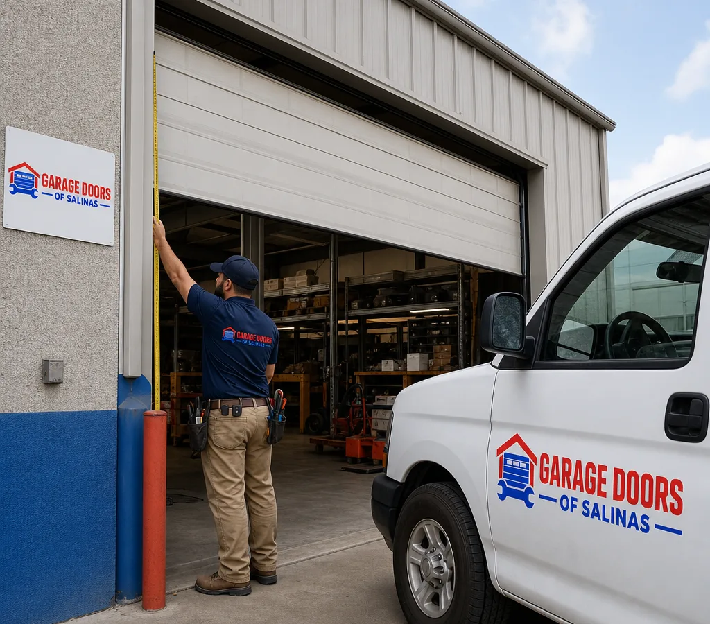 Wide commercial overhead door at a warehouse loading area with a contractor measuring the opening