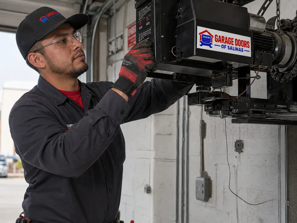 Contractor adjusting a jackshaft operator and limit settings on a commercial overhead door