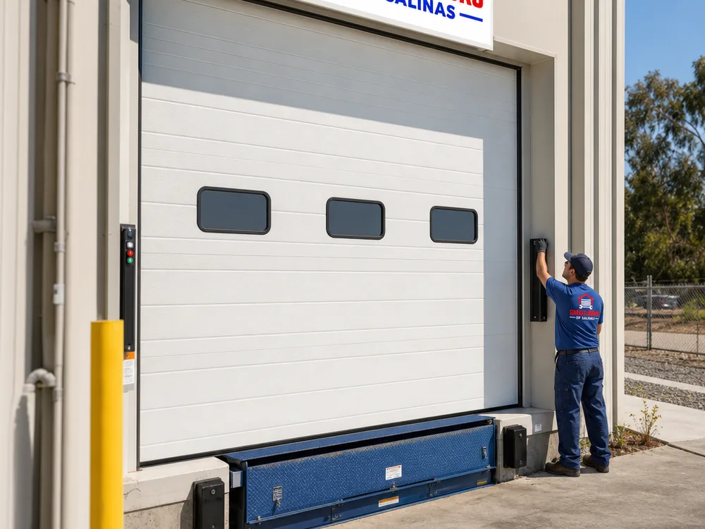 Installed insulated commercial sectional overhead door at a warehouse bay with dock equipment visible
