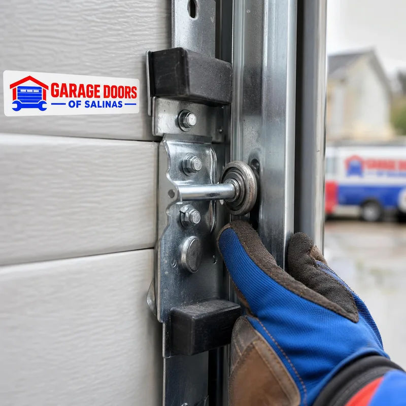 Garage door roller and hinge at a panel seam with aligned track and fasteners
