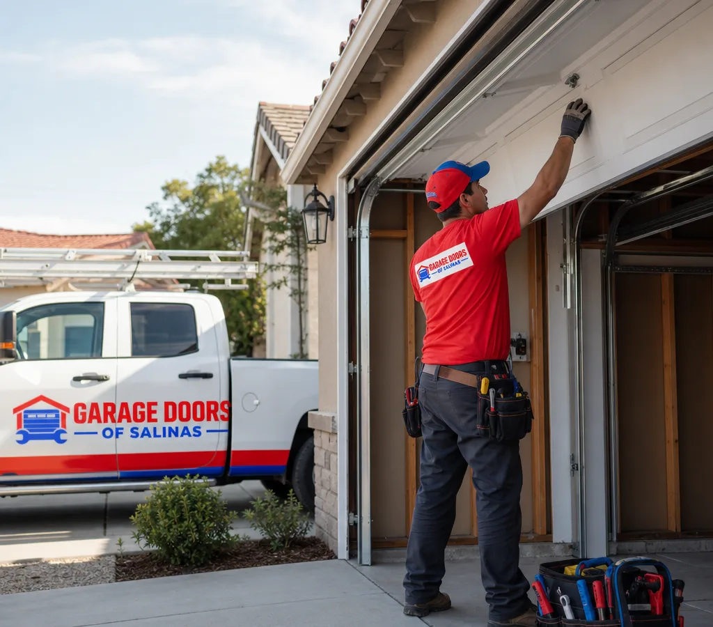 Contractor installing a residential sectional overhead garage door with tracks and torsion spring hardware visible
