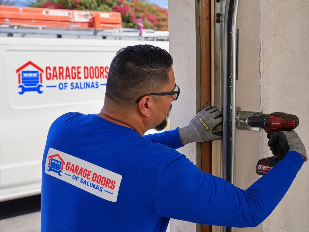 Contractor leveling garage door tracks and setting jamb brackets with a cordless drill and lag screws