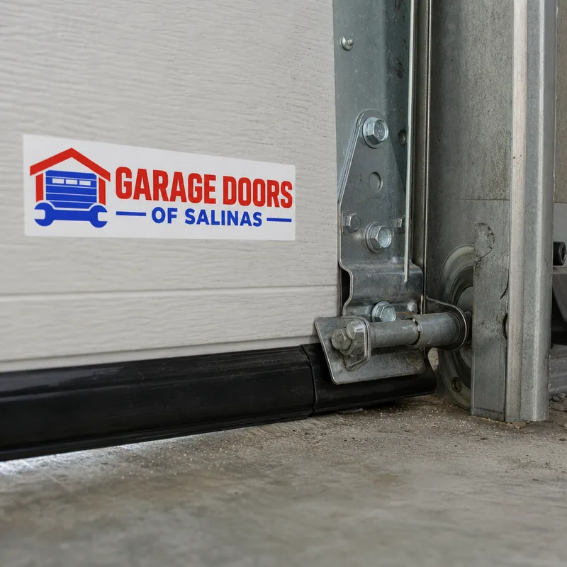 Garage door bottom seal meeting the floor beside clean bottom-bracket hardware