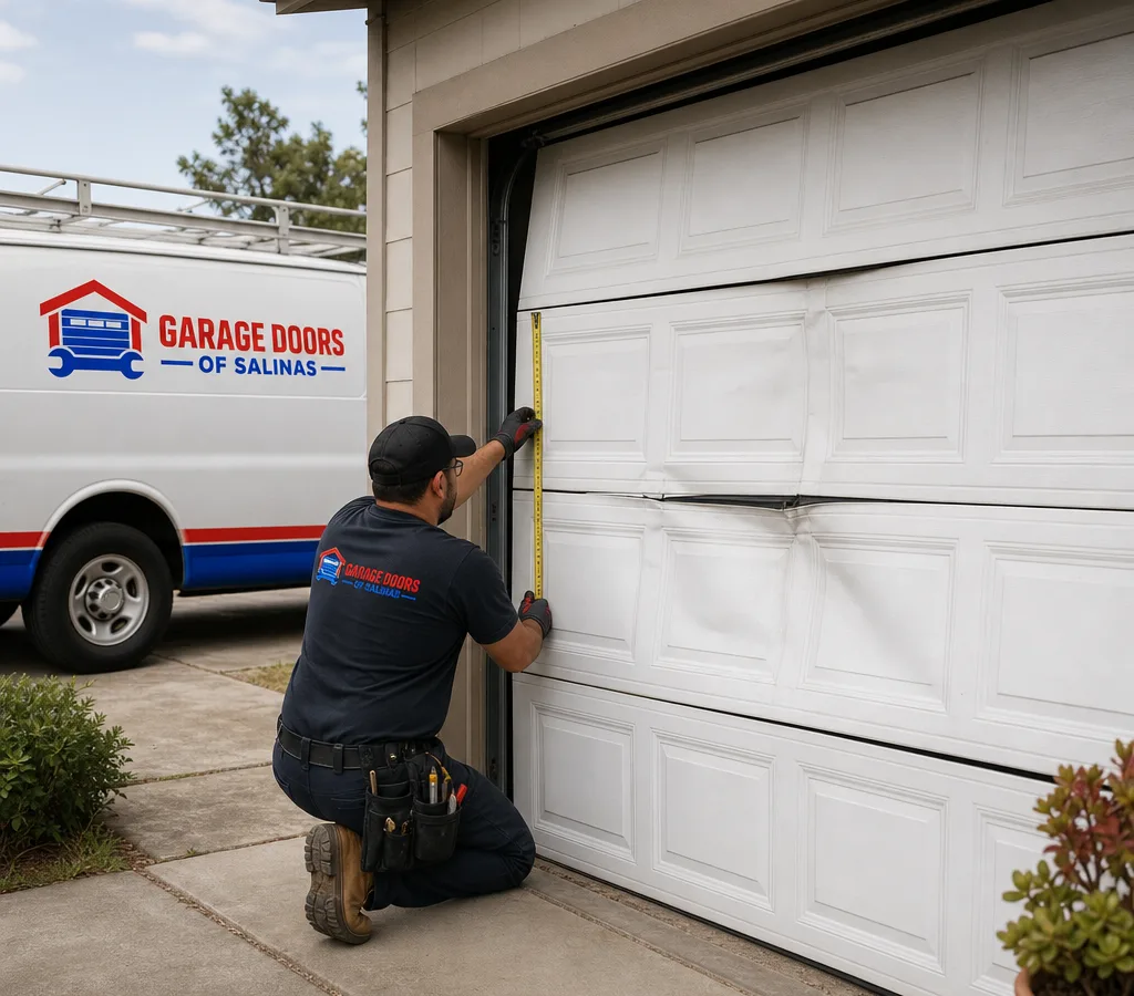Residential garage door with impact damage while a contractor measures the opening and inspects the door face