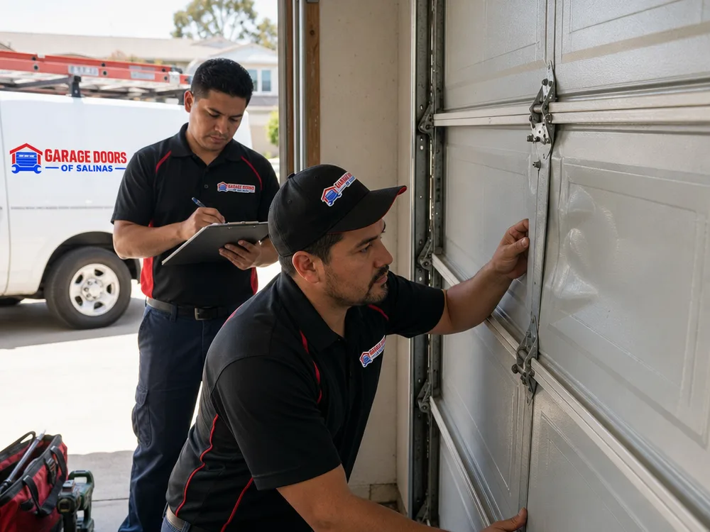 Contractor checking hinges, rollers, and the edge of a dented sectional garage door panel while measurements are recorded