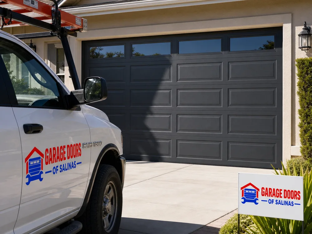 Finished modern insulated steel sectional garage door with clean panel alignment and an even perimeter reveal
