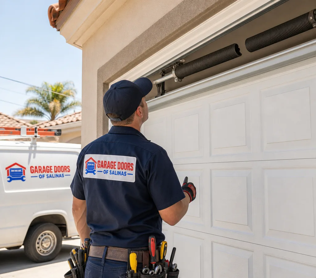 Residential sectional garage door with a visible broken torsion spring above the door