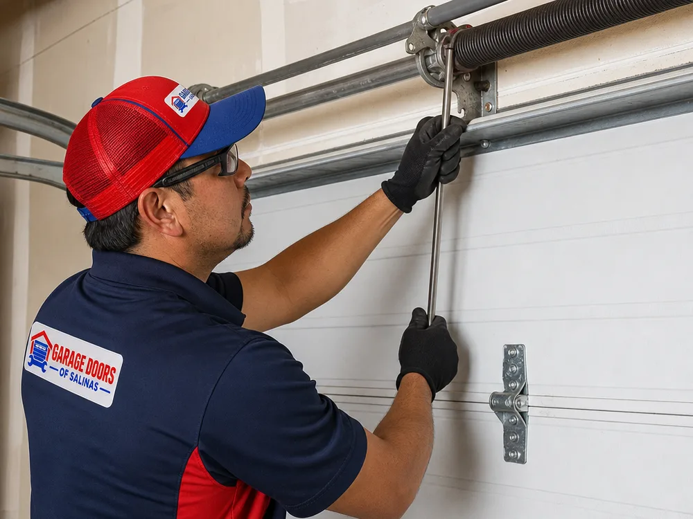 Contractor using winding bars to adjust torsion spring tension with the garage door down