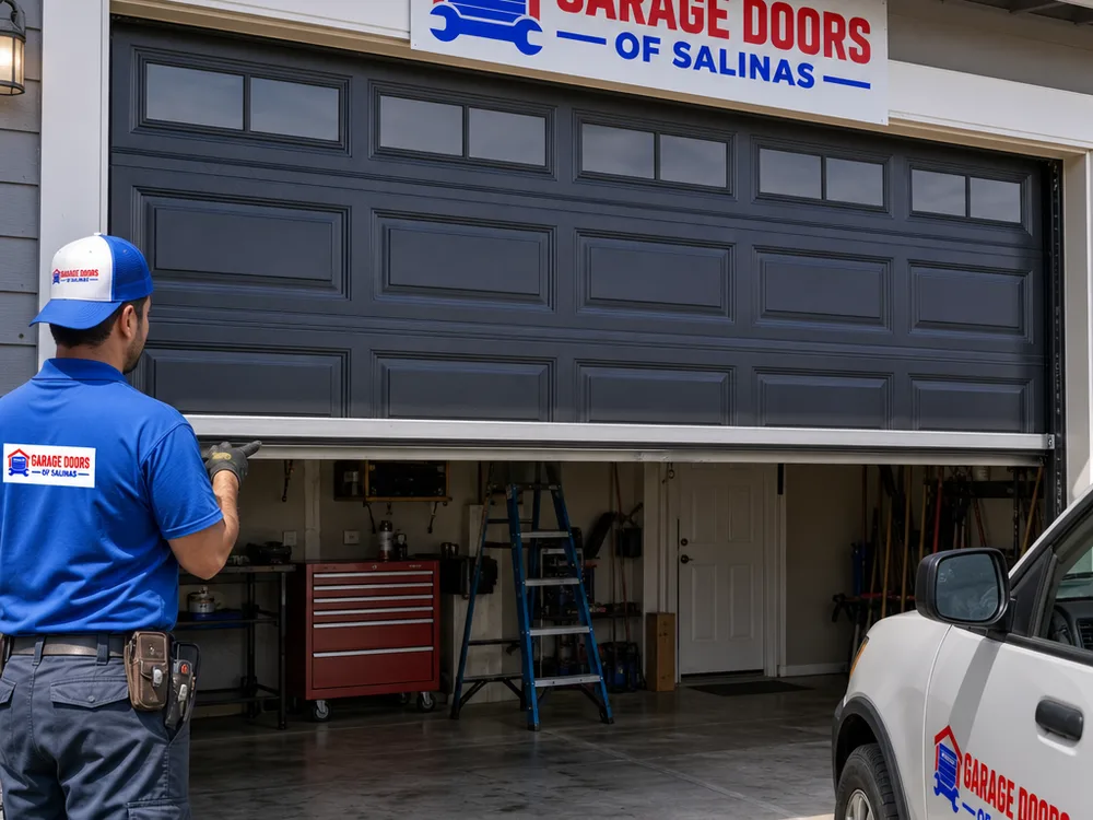 Residential garage door halfway open, level and balanced with even cable tension