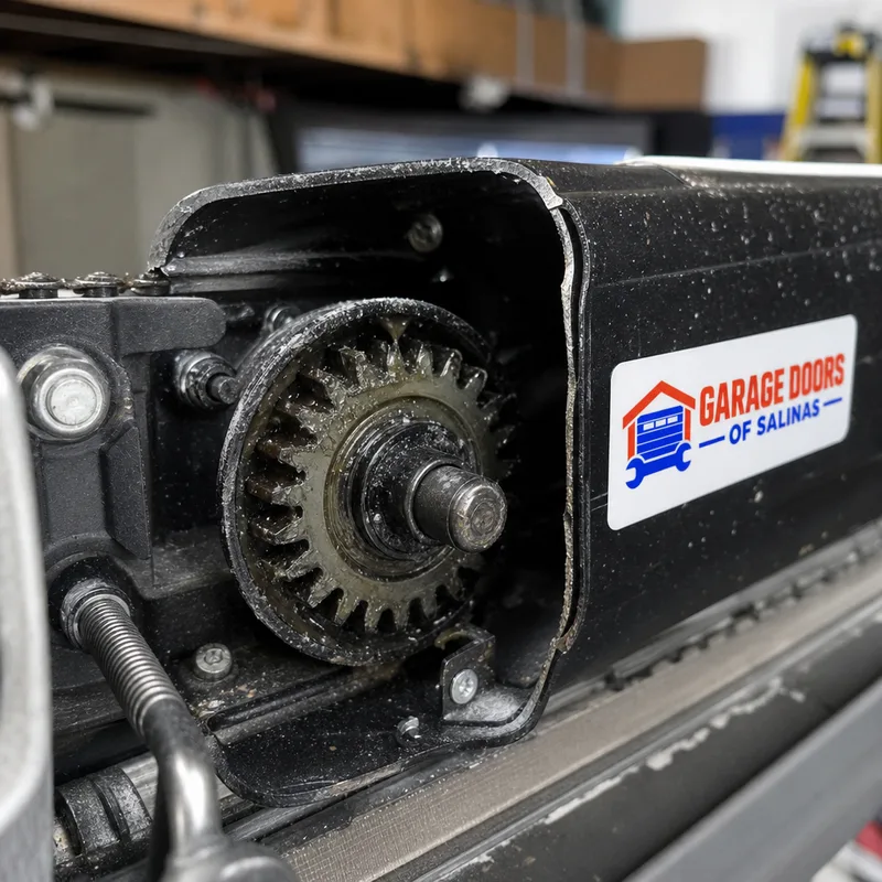 Garage door opener drive gear and sprocket area with the cover removed showing wear and lubricant residue