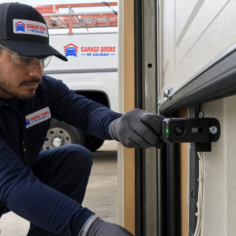 Aligned safety photo-eye sensors with clean lenses and intact wiring at the bottom of a garage door opening