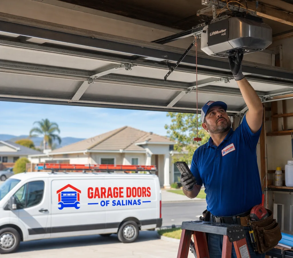 Residential garage door with the opener rail and trolley visible while a contractor diagnoses the opener