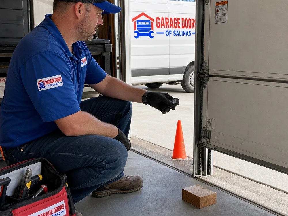 Contractor programming a new remote and testing the garage door safety reversal near the threshold
