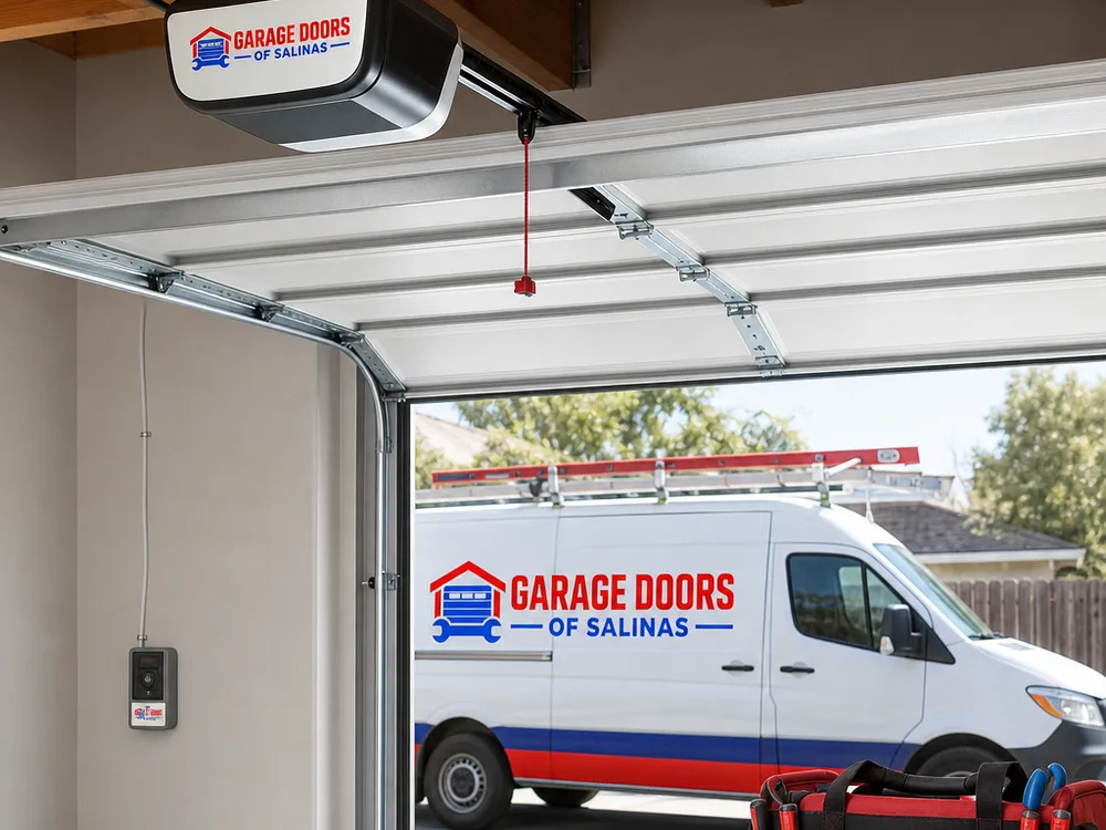 Modern belt-drive garage door opener mounted to ceiling framing with a straight rail and neatly routed control wire