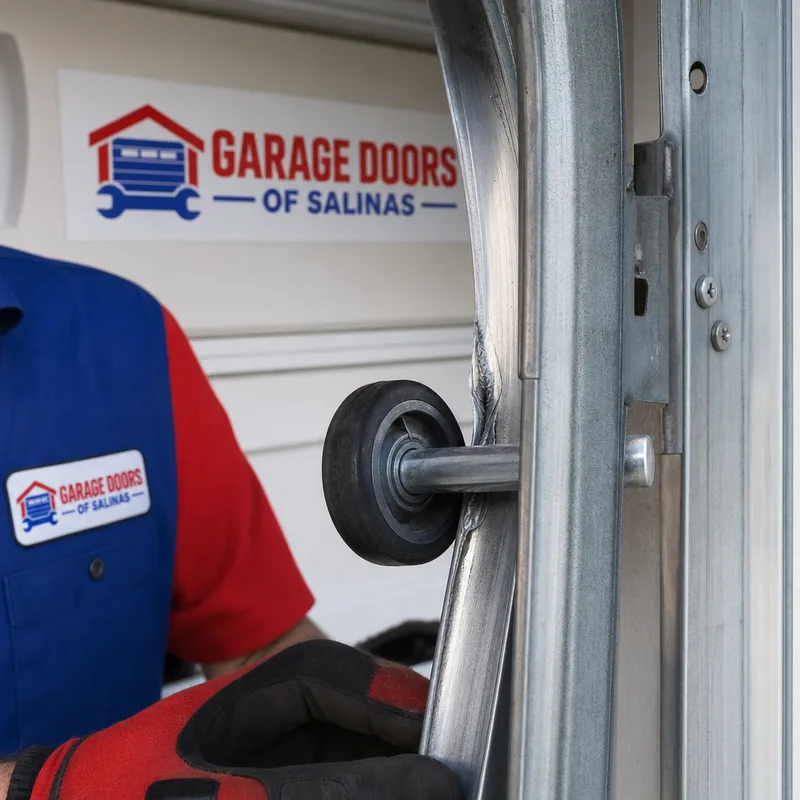 Garage door roller partly out of the track with scuff marks along the track edge