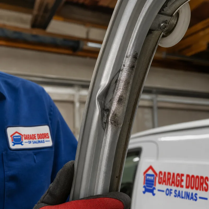 Bent vertical garage door track with a crease and rubbing marks where a roller binds