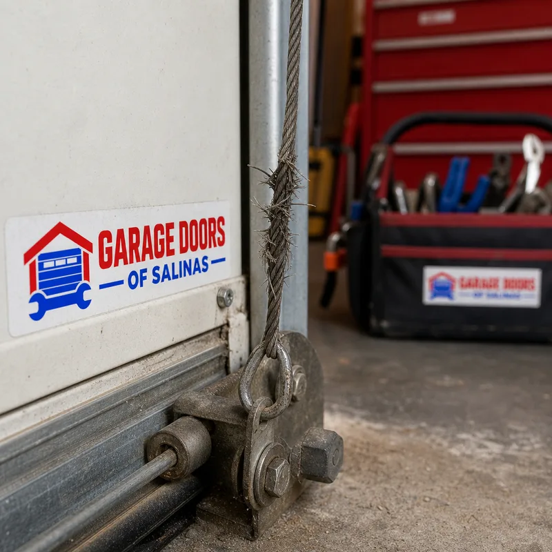 Frayed garage door lift cable strands and worn cable loop near the bottom bracket