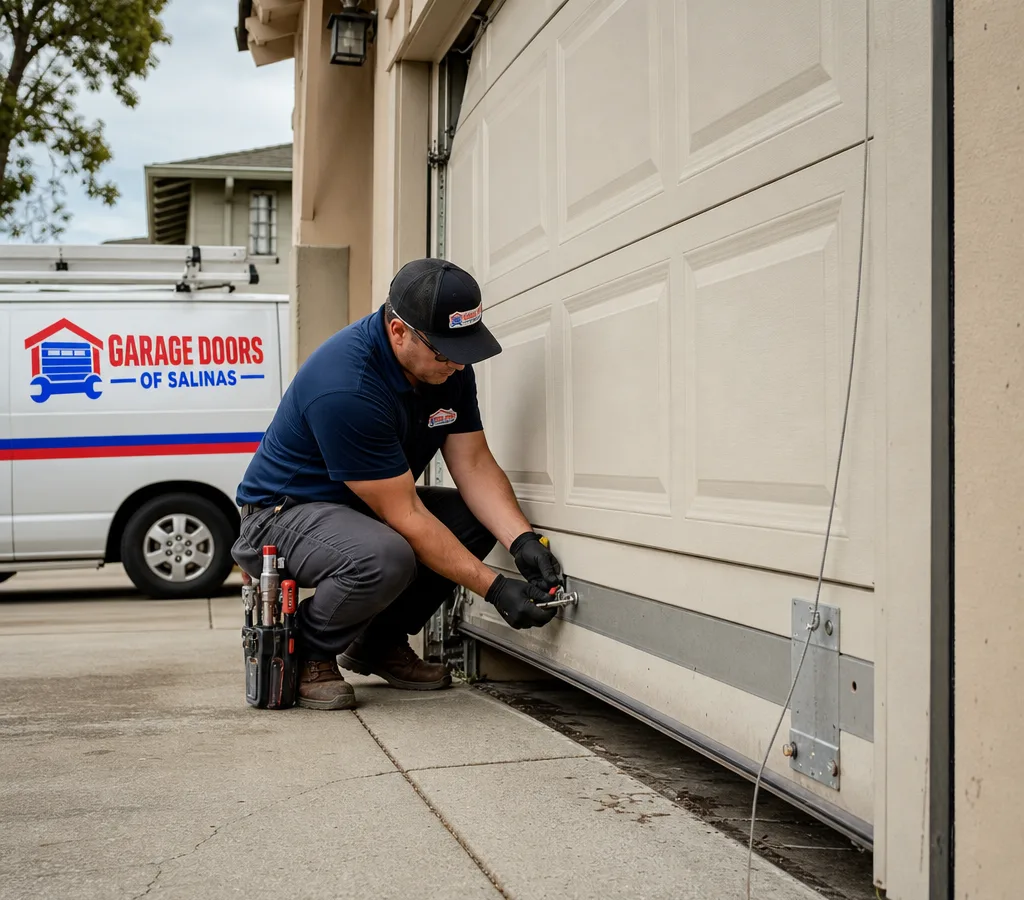 Residential sectional garage door sitting unevenly with a visibly slack lift cable near the bottom bracket