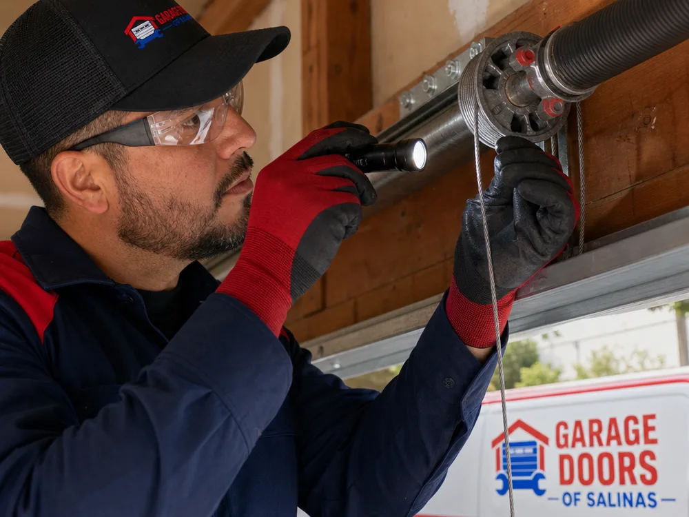 Gloved hands inspecting a torsion cable drum and checking lift cable seating with a flashlight