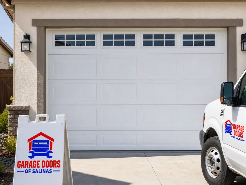 Garage door aligned evenly in the opening with level bottom corners and rollers seated in the tracks