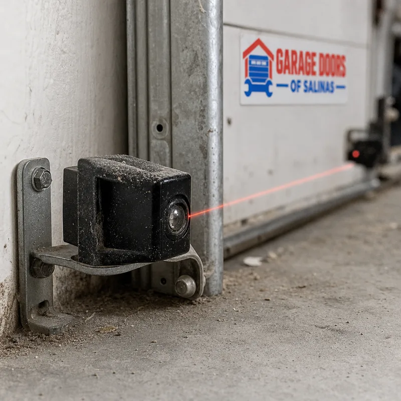 Dusty and misaligned garage door photo-eye safety sensor mounted near the floor