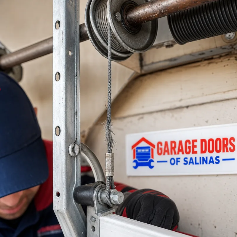 Frayed garage door lift cable near the bottom bracket with the cable drum and torsion shaft visible