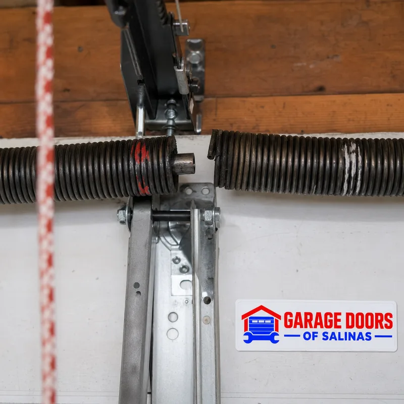 Broken torsion spring with a visible gap in the coil above the garage door center bracket