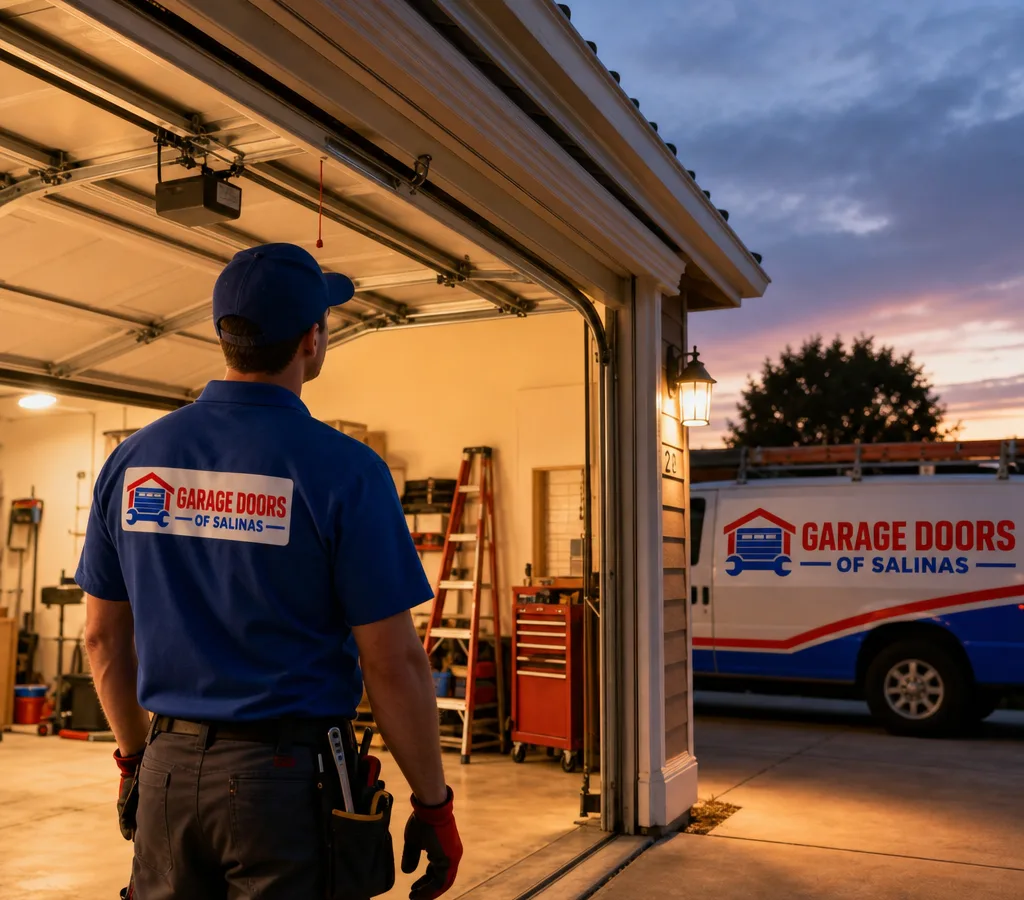Residential garage door stuck partially open at dusk with the garage interior, opener and rails visible