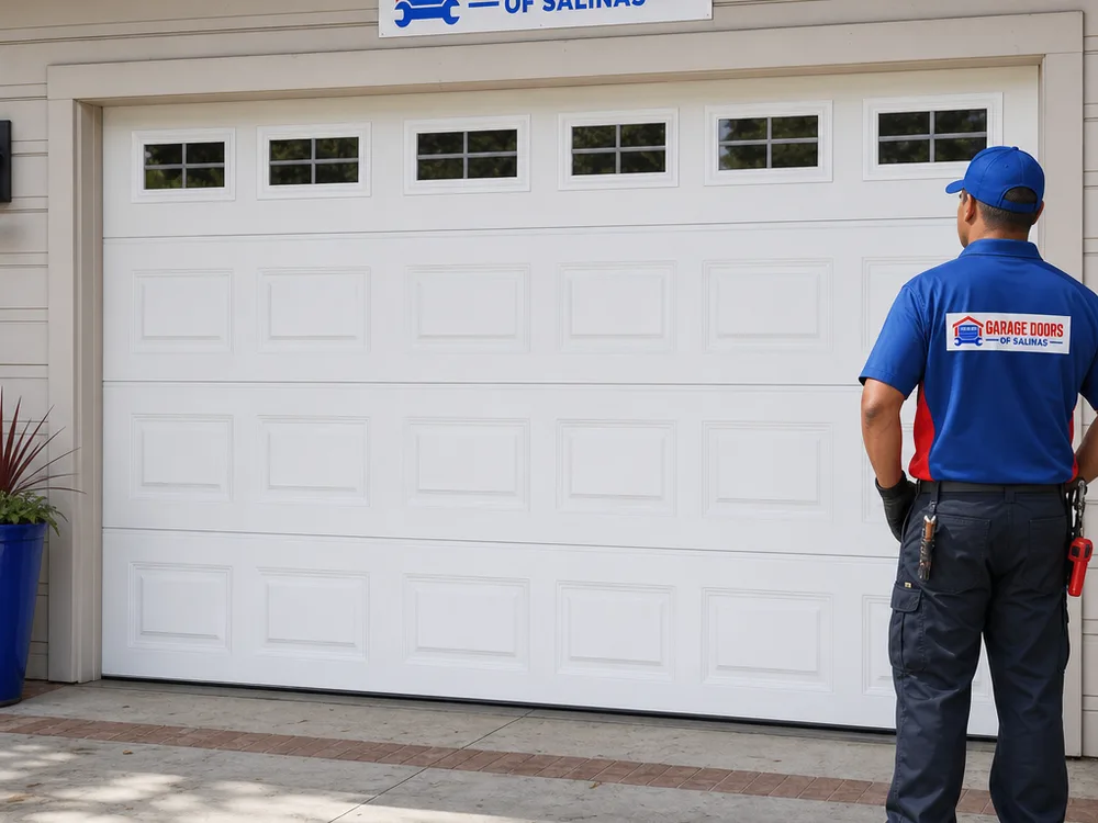 Garage door properly closed and aligned with even side reveals and the bottom seal seated on the slab