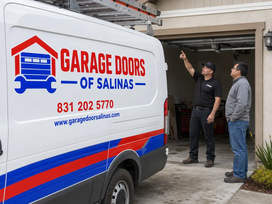 Contractor explaining the garage door lift system to a homeowner at the garage opening